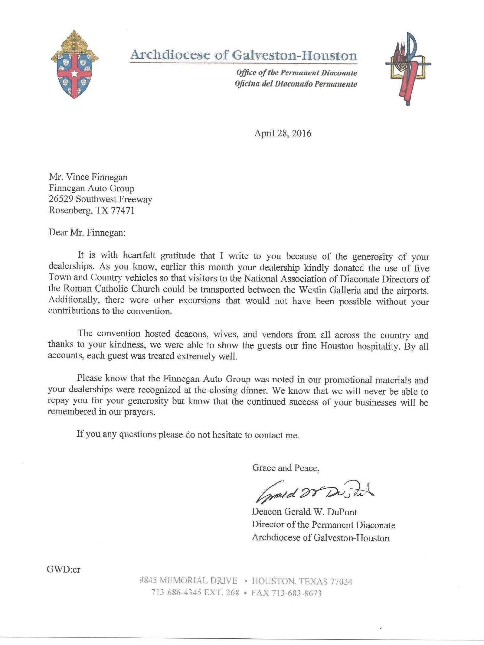 Archdiocese of Galveston Letter - Finnegan Buick GMC in Rosenberg TX