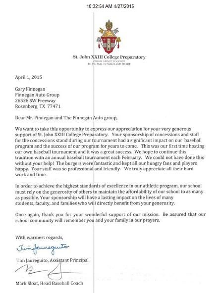 St John XXIII College Preparatory Letter - Finnegan Buick GMC in Rosenberg TX